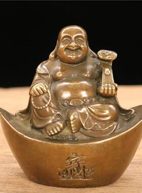 纯铜弥勒佛摆件手拿如意元宝佛笑佛客厅装饰工艺