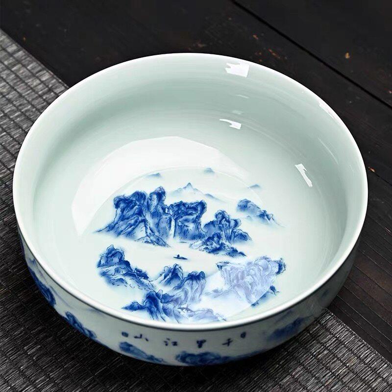 青花瓷茶洗大号手绘陶瓷茶道配件茶杯收纳水盂烟灰缸花盆栽景德镇