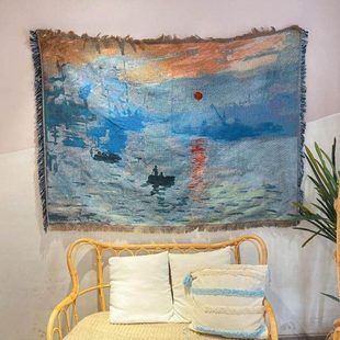 2025油画挂布日出印象背景布装 饰盖毯莫奈复古床头布沙发巾小毯子