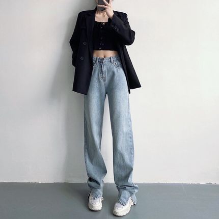 春装新款高腰显瘦黑色开叉宽松直筒175高个子170加长拖地牛仔裤女
