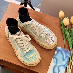 可爱猫咪蓝色小白鞋女帆布鞋2023新款港风鞋子百搭春秋季女款板鞋