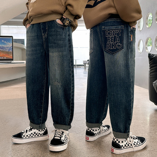 男童牛仔裤春秋2023新款儿童大童直筒宽松男孩帅气长裤秋装复古蓝