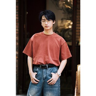 何记港风/今年b入红色系! 纯棉加厚水洗做旧短袖T恤男女