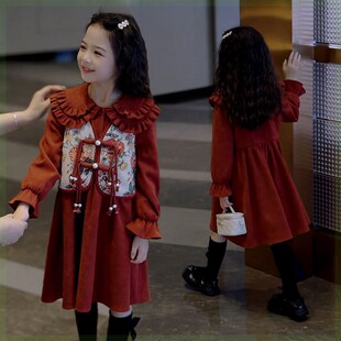 女童中国风连衣裙2023新款春秋款学院风假两件套装洋气女亲子装