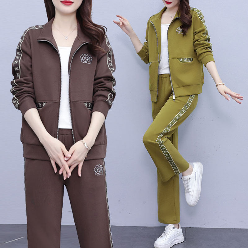 大码休闲运动套装女款春春装刺绣时尚G减龄卫衣外套配长裤两件套