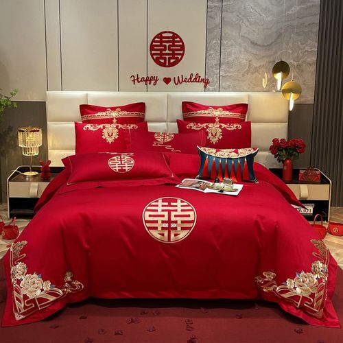 新中式婚庆四件套全棉大红色被套结婚床上用品六件套婚嫁喜被纯棉