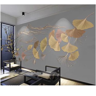 北欧轻奢银杏叶电视背景墙布大气现代高档壁画卧室沙发8d网红墙纸
