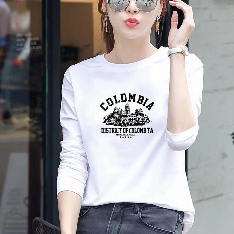 精梳棉白色圆领长袖t恤女春秋纯棉正肩宽松休闲百搭打底T恤衫上衣