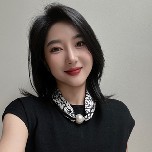 洋气印花珍珠磁吸扣项链小丝巾女春夏季薄款装饰长条领巾百搭围巾