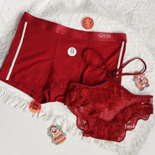 本命年情侣内裤 男生平角蛇龙年结婚礼物 一男一女纯棉抗菌红色内裤