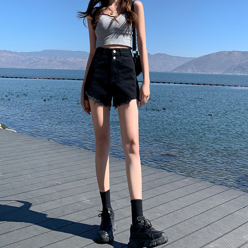 黑色高腰牛仔短裤女夏季薄款2024年新款宽松甜辣a字显瘦阔腿热裤