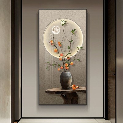 玄关装饰画新中式走廊过道挂画侘寂风柿柿如意寓意好入户竖版壁画