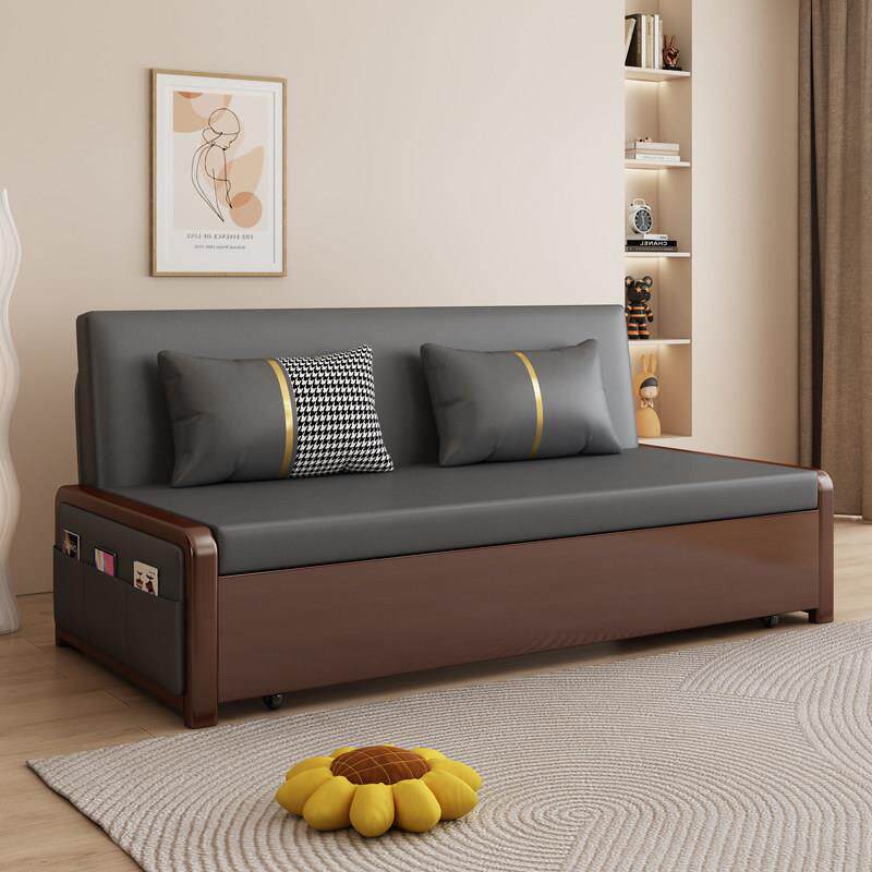 新中式实木沙发床多功能可折叠伸缩两用小户型科技布无扶手沙发床