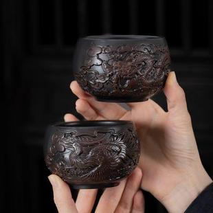 紫陶复古紫泥手工主人杯深堆雕龙凤高档茶碗品茗单个茶盏陶瓷茶具
