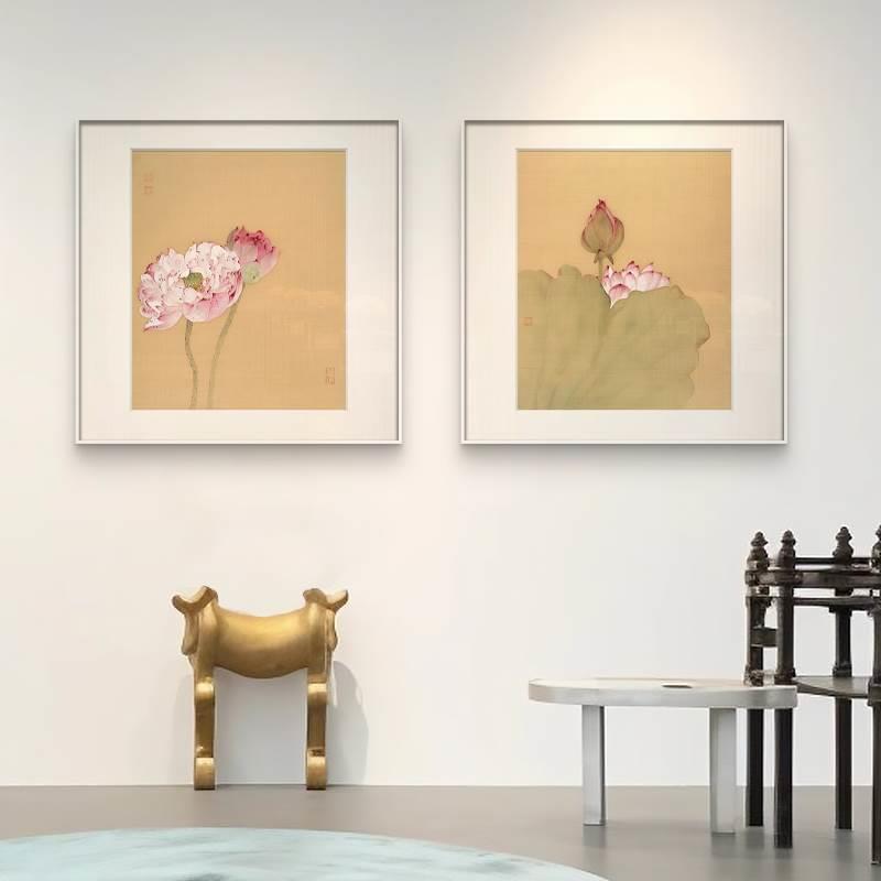 新中式荷花装饰画工笔禅意入户玄关客厅沙发背景卧室床头多联固话图片