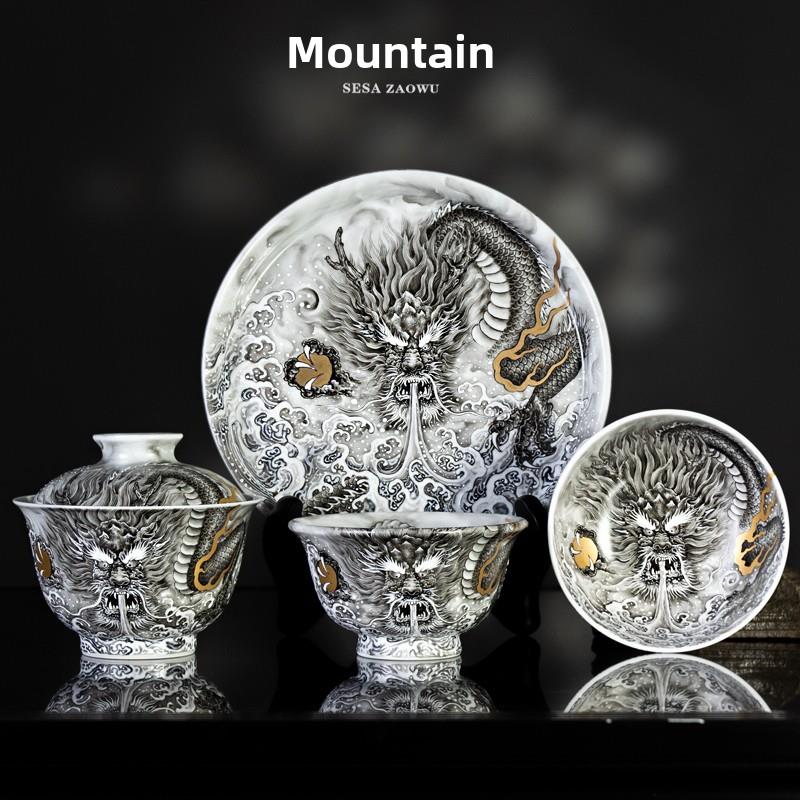圣山景德镇高端粉彩手绘墨龙茶具盖碗中式陶瓷泡茶盖碗茶具茶杯