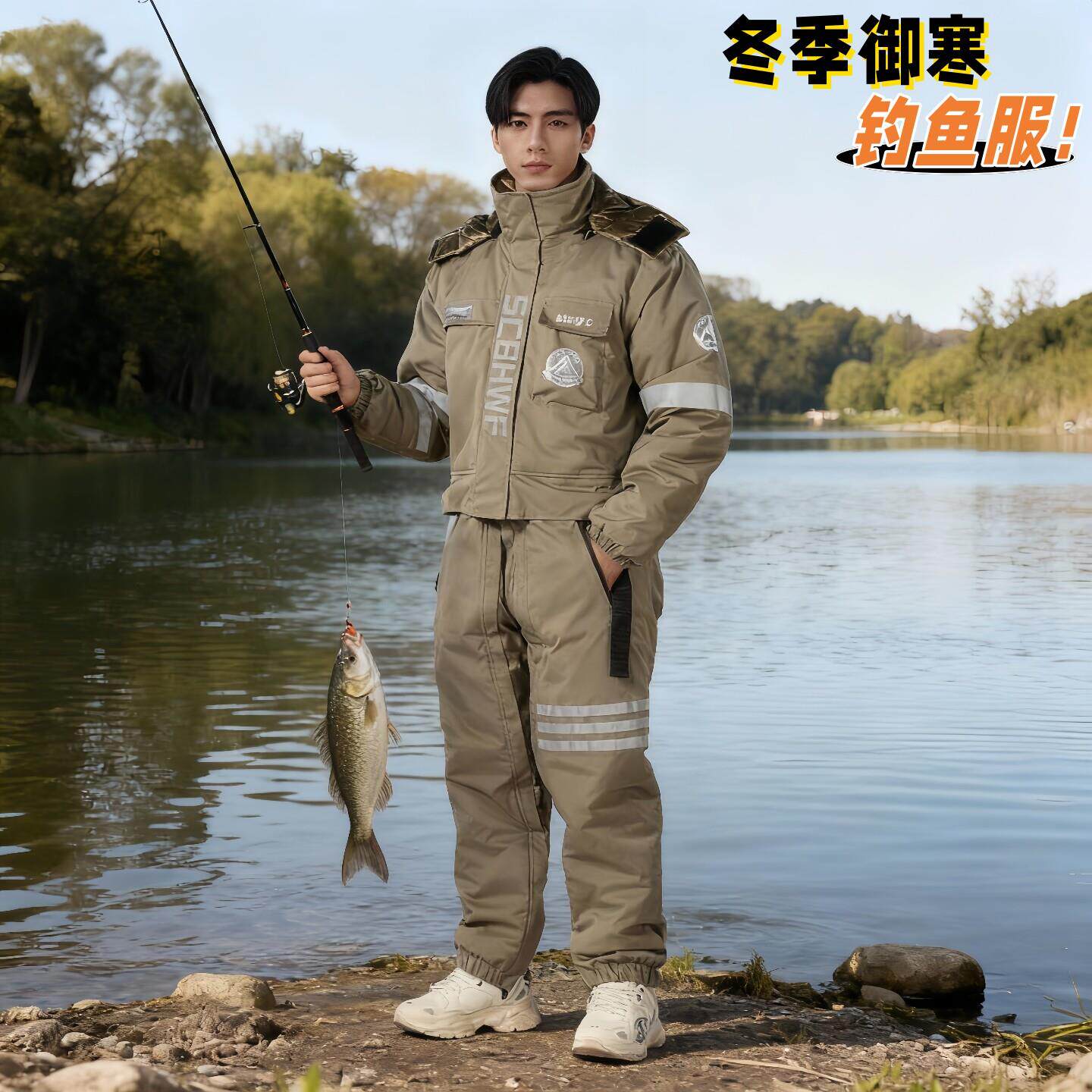 冬钓连体钓鱼服男锚鱼冰钓海钓连体棉服防水夜钓冷库石墨烯防寒衣