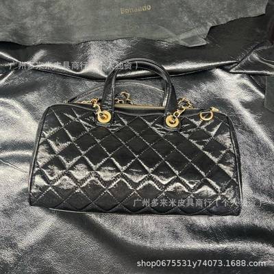 25A油蜡皮波士顿大容量保龄球手提包菱格链条腋下包通勤