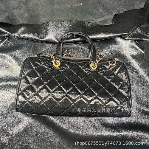 25A油蜡皮波士顿大容量保龄球手提包菱格链条腋下包通勤