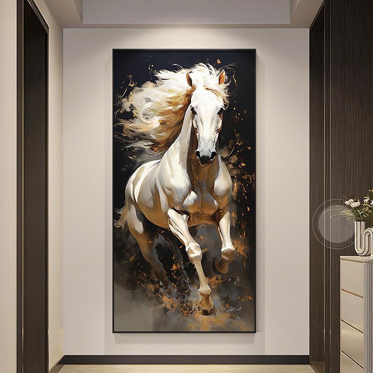 马到成功入户玄关装饰画骏马图客厅壁画现代轻奢走廊过道尽头挂画