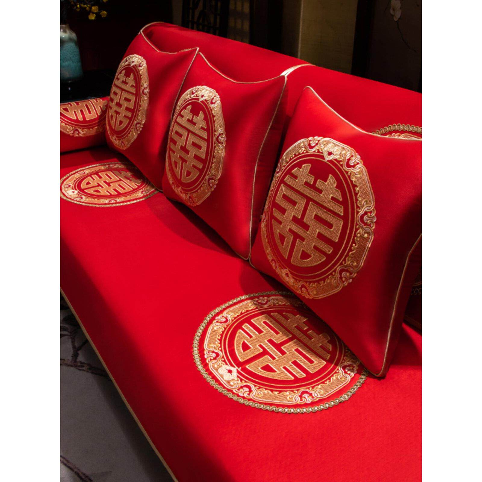 婚庆喜字新中式沙发垫巾布置红色防滑全盖布红木坐垫喜庆结婚套罩