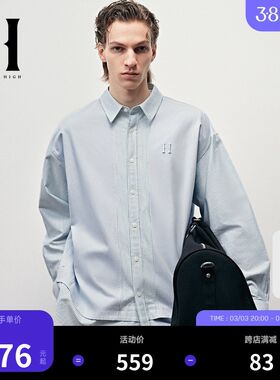 宽松舒适纯棉衣身条纹拼接设计字母金属装饰长袖衬衫男装