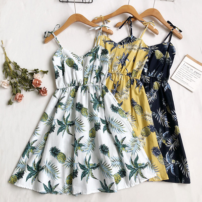 2021夏季韩版新款度假风百搭V领菠萝印花吊带系带连衣裙短裙女