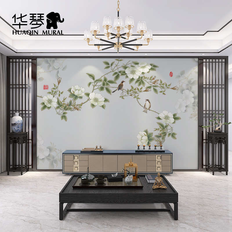 高清工笔花鸟客厅沙发卧室床头墙纸壁布壁画新中式U电视背景墙壁