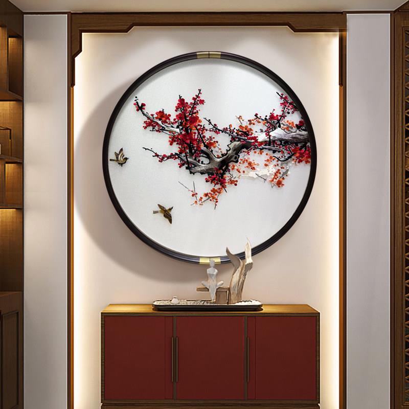 喜上眉梢新中式圆形入户迎门玄关装饰画苏绣成品挂画玉兰花餐厅画