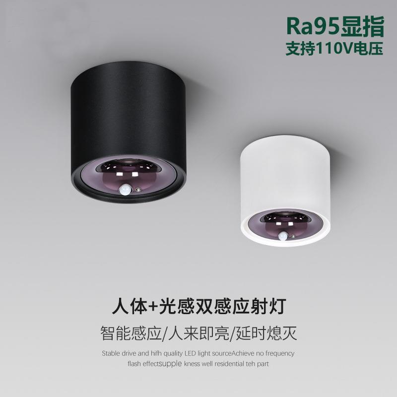 人体感应明装筒灯免开孔楼道屋檐走廊玄关led天花灯光控智能射灯