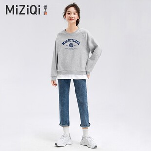 米子旗卫衣女春秋冬2021年新款圆领套头长袖假两件加绒加厚上衣潮