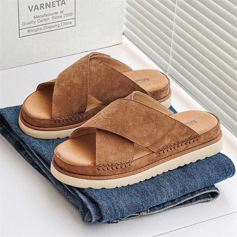 2024夏季新款交叉魔术贴拖鞋男士一字拖女休闲厚底一脚蹬凉拖真皮,流行男鞋,休闲拖鞋,淘宝优惠券,粉丝福利购,淘宝优惠卷