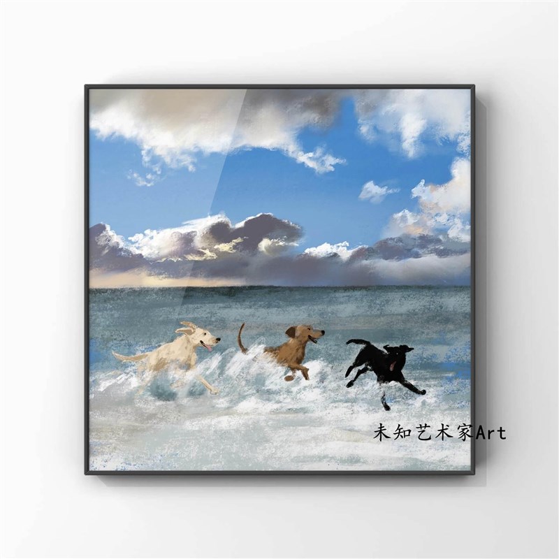 撒欢的狗狗艺术挂画小众卧室客厅床头沙发装饰画房间壁Z画空白墙