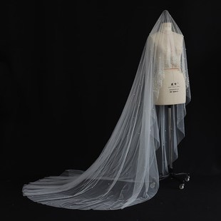 新款重手工钉珠长拖尾头纱新娘韩式婚礼主婚纱珍珠头饰高级定制