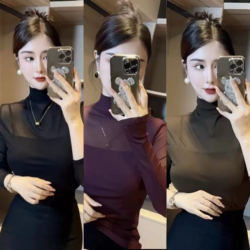 高领网纱打底衫女秋冬新款加绒加厚内搭可外O穿长袖T恤高级感上衣