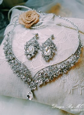 小众欧式奢华大气晚礼服婚纱晚宴配饰超仙新娘项链耳环套装韩式女