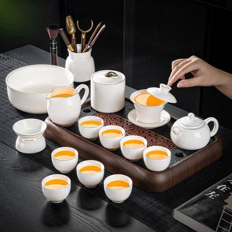 2026新款羊脂玉描金白瓷茶具套装轻奢高档功夫泡茶壶茶杯茶盘家用