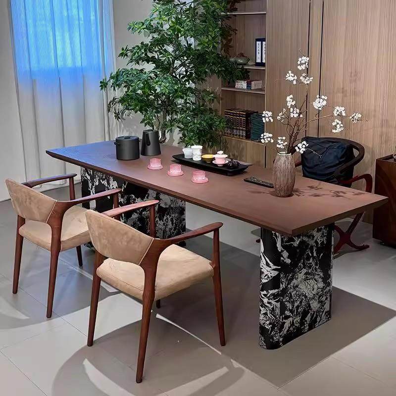 新中式实木茶桌椅组合现代胡桃木茶台茶室办公室简约大理石泡茶桌