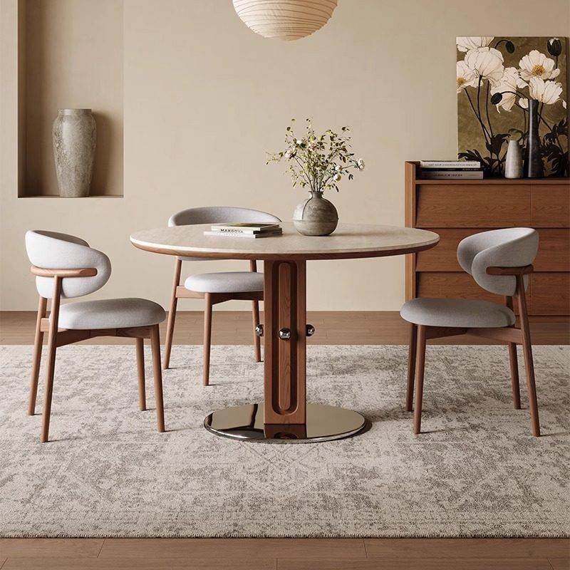 法式覆古实木白蜡木岩板圆形餐桌椅组合圆桌现代简约中古风饭桌,住宅家具,岩板餐桌,淘宝优惠券,粉丝福利购,淘宝优惠卷