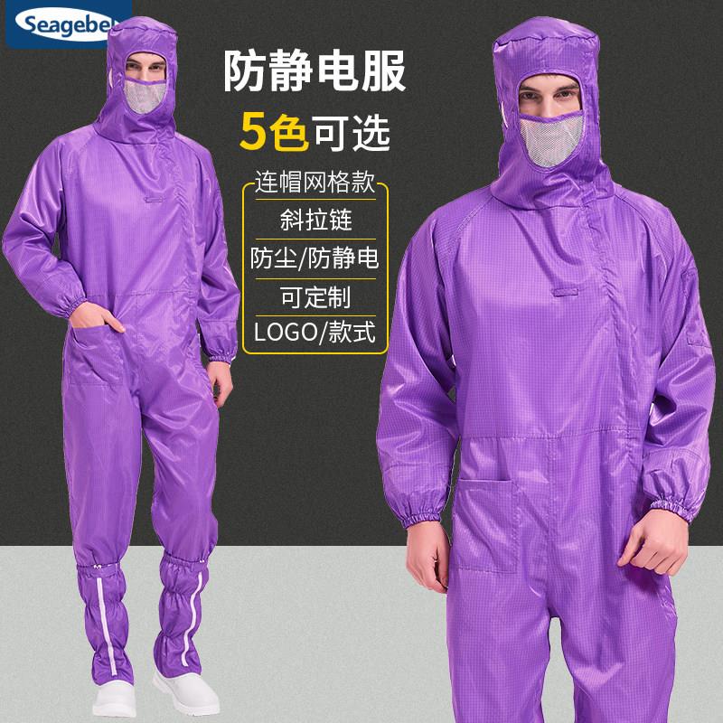 京东方紫色防静电无尘连体服 百级净化全身防护服 SEAGEBEL工程服