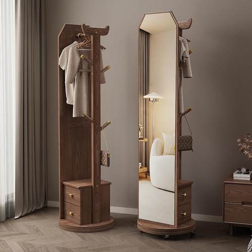 穿衣镜全身镜落地镜实木家用卧室可旋转移动带抽屉挂衣架试衣镜子