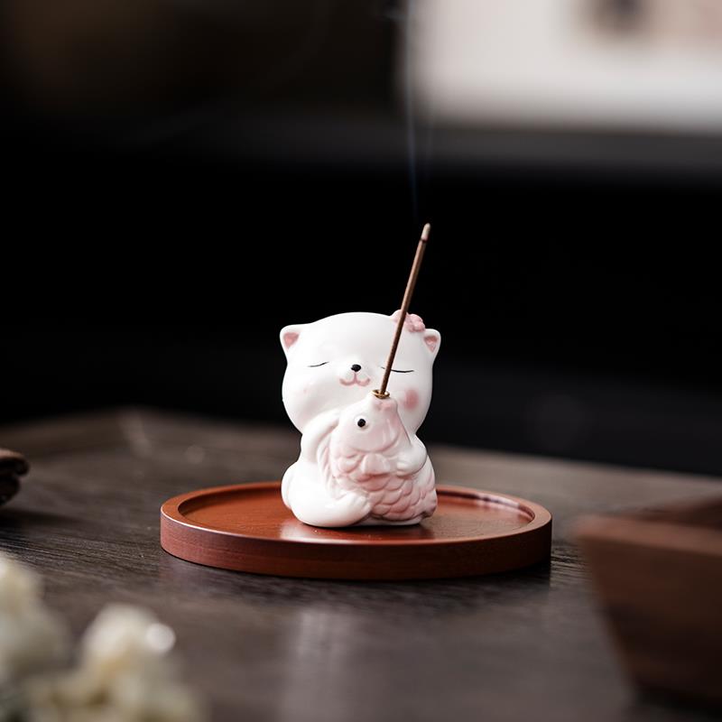 陶瓷贪吃的猫咪香薰炉摆件家用室内檀香线 线香插香座香托 托盘萌