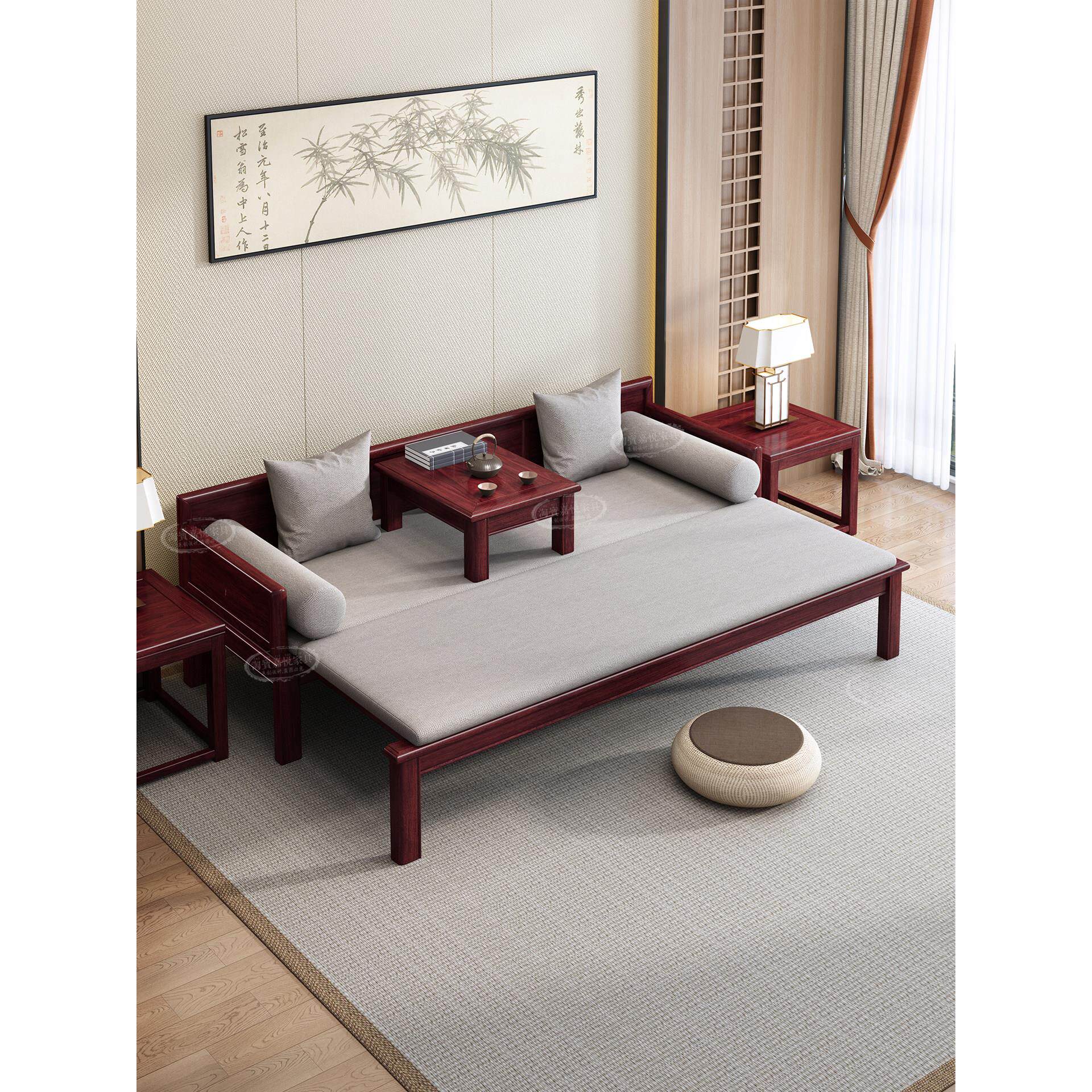 花梨木中式实木罗汉床客厅沙发床推拉两用小户型红色2025新款家具