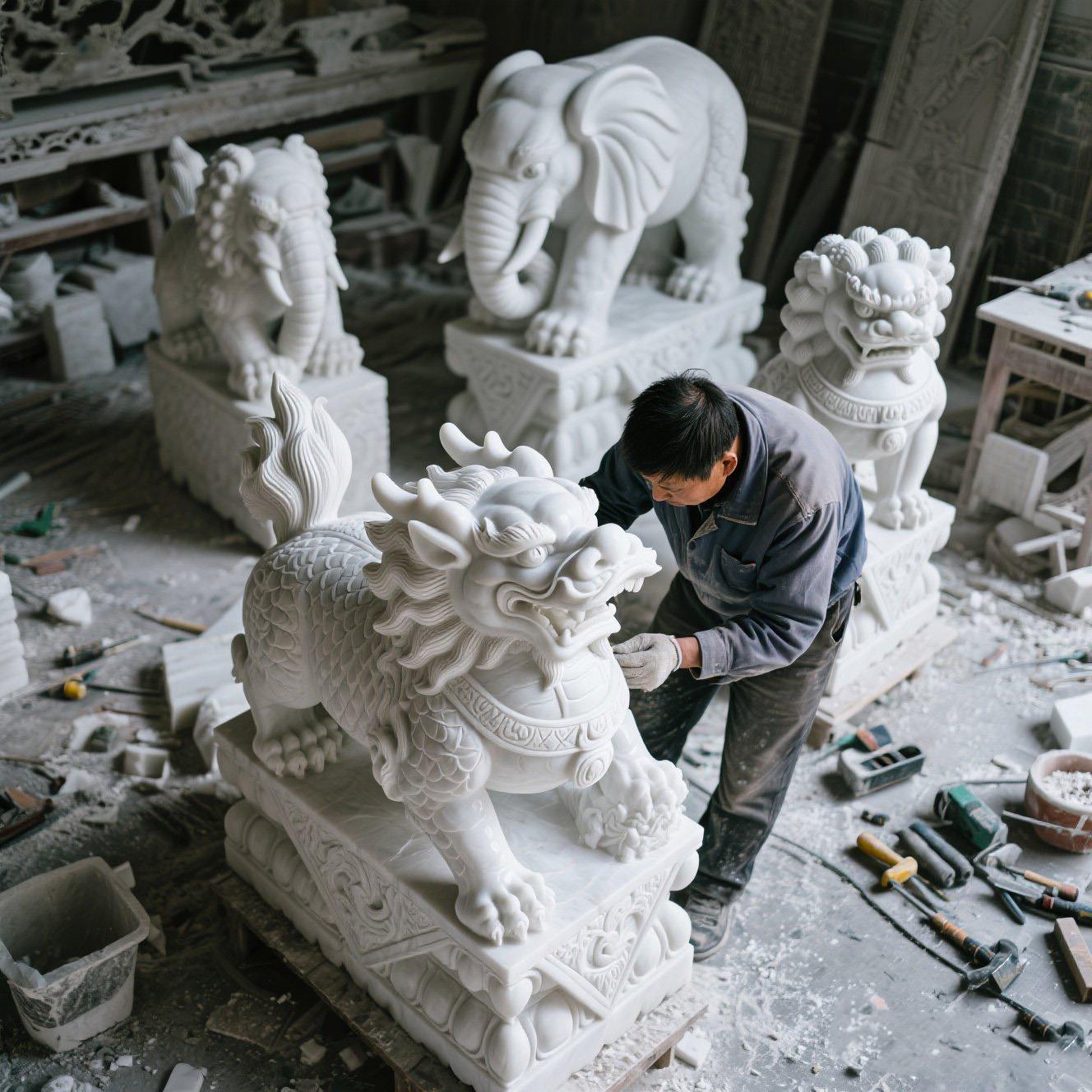 汉白玉大理石吉祥平安招财镇宅石狮子麒麟大象瑞兽石雕摆件可定制