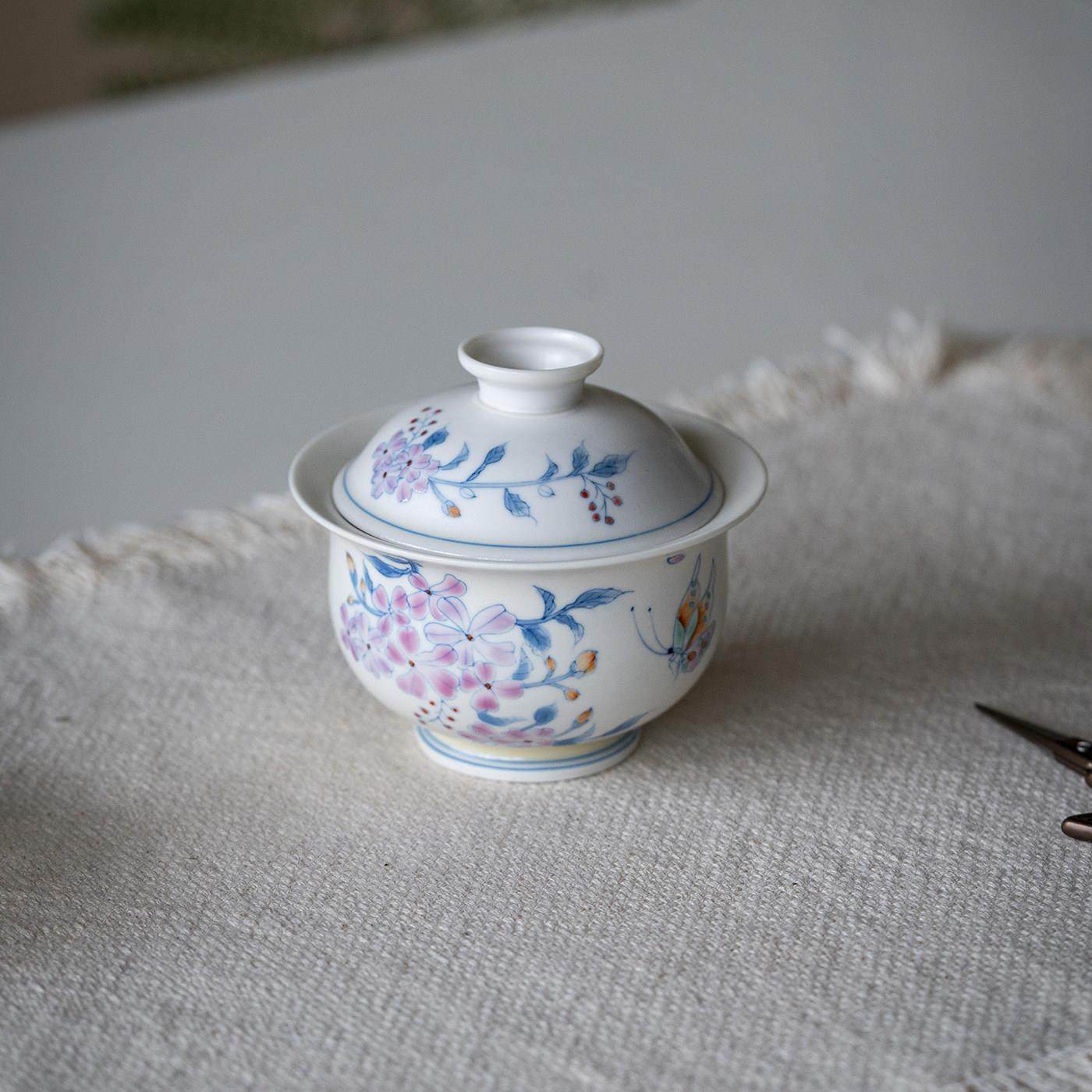 玉白泥白瓷斗彩手绘桃花二才盖碗家用陶瓷泡茶碗功夫茶具防烫茶碗,餐饮具,盖碗,淘宝优惠券,粉丝福利购,淘宝优惠卷