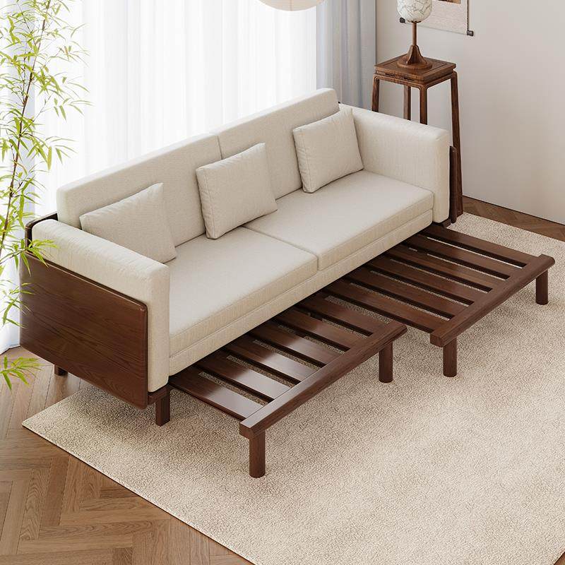 新中式沙发床折叠两用可拆洗棉麻设计小户型客厅卧室实木胡桃木色