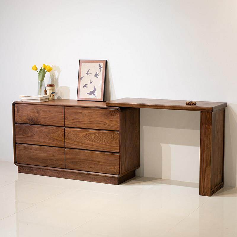 黑胡桃木全实木梳妆台斗柜一体化妆收纳柜卧室桌可移动多功能六斗