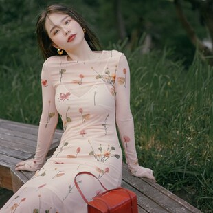 网纱连衣裙两件套春季长袖紧身碎花吊带裙加罩衫女人味棉套装裙