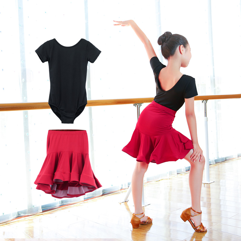 拉丁舞服装套装儿童秋季拉丁舞裙女童短袖舞蹈服练功服拉丁演出服