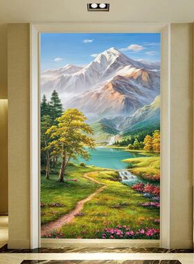 美式油画风景玄关装饰壁画墙纸复A式楼背景墙壁纸走廊过道竖版墙